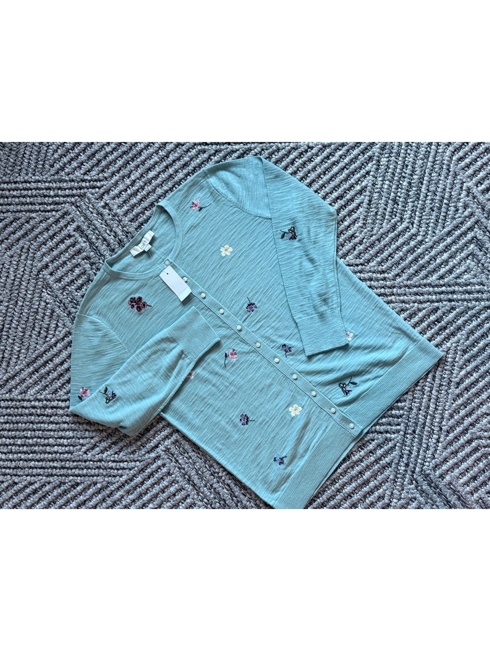 LOFT Blue Floral Embroidered Button-Up Cardigan Sweater Medium